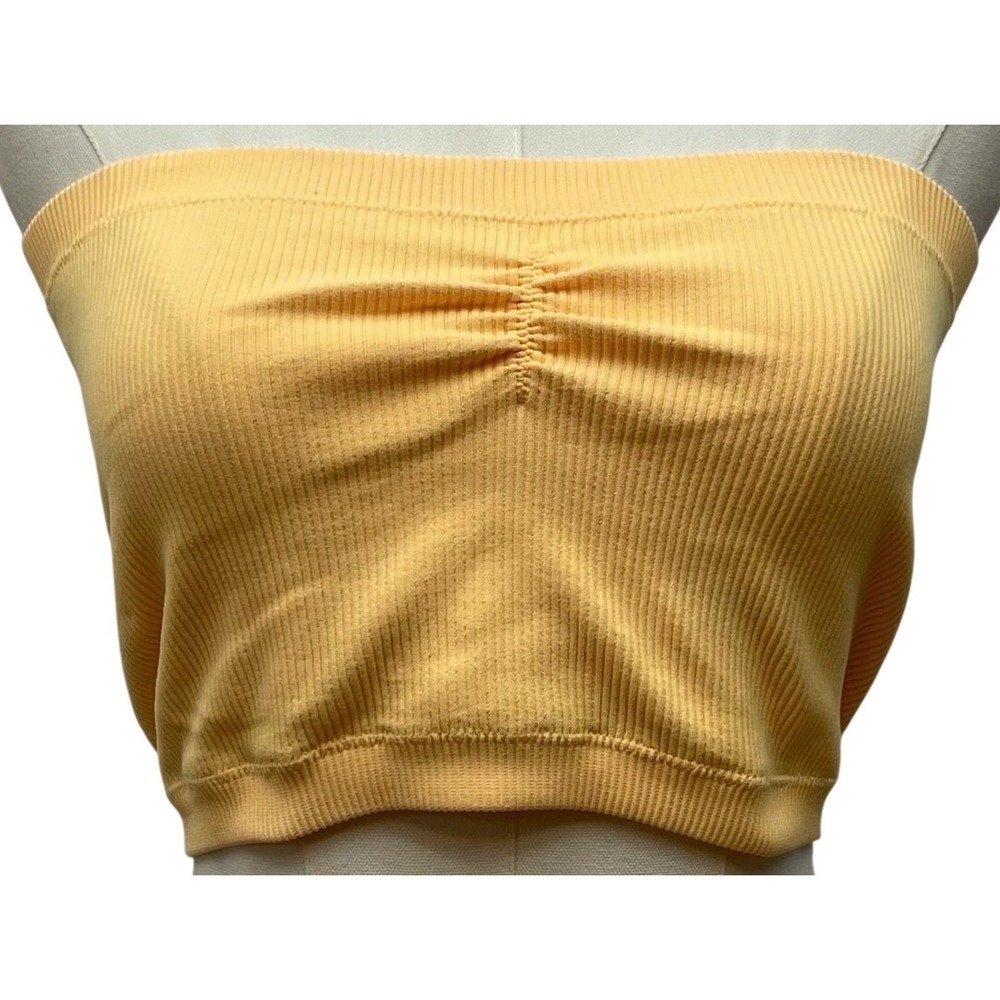 American Eagle Bandeau Tube Top L XL Yellow Ribbed Ruched Crop Strapless‎ Summer
